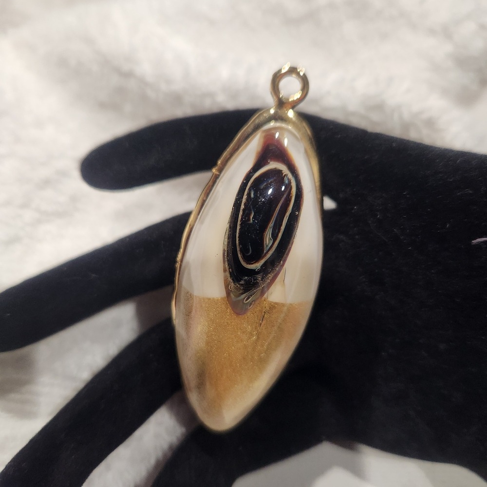 Vintage Gold Tone Pendant Marquise Abstract Resin  White Gold Black Swirl chunky